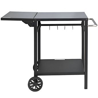 Portable Black BBQ Prep Station Table with Foldable Side Shelf, Hooks, and Heavy-Duty Wheels