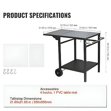 Portable Black BBQ Prep Station Table with Foldable Side Shelf, Hooks, and Heavy-Duty Wheels