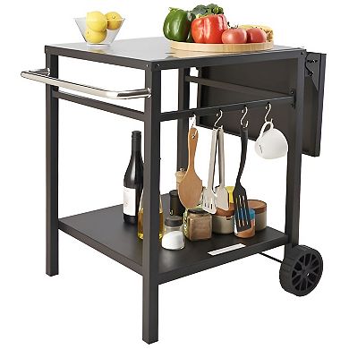 Portable Black BBQ Prep Station Table with Foldable Side Shelf, Hooks, and Heavy-Duty Wheels
