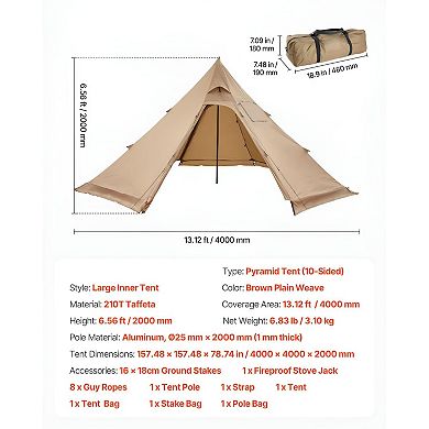 Lightweight Pyramid Camping Tent 13.1ft Wide with Stove Jack for 4 Person Cold Weather Camping Brown