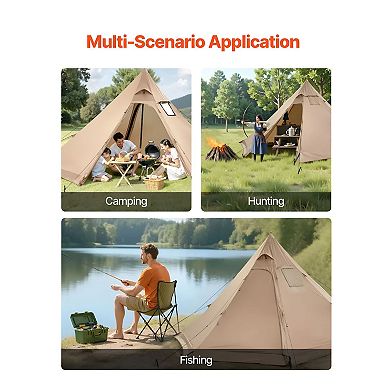 Lightweight Pyramid Camping Tent 13.1ft Wide with Stove Jack for 4 Person Cold Weather Camping Brown