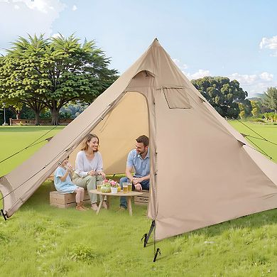 Lightweight Pyramid Camping Tent 13.1ft Wide with Stove Jack for 4 Person Cold Weather Camping Brown