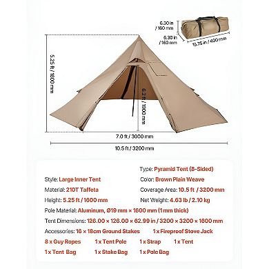 Lightweight Pyramid Camping Tent 5.25ft Center Height with Stove Jack for Cold Weather Camping Brown