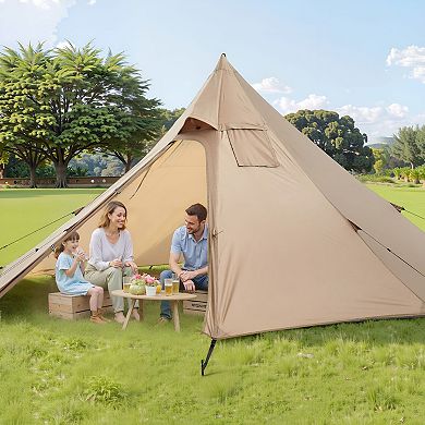 Lightweight Pyramid Camping Tent 5.25ft Center Height with Stove Jack for Cold Weather Camping Brown