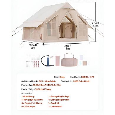 Inflatable Camping Tent for 46 People with Hand Pump, Stove Jack, and Air Beam Frame - Beige