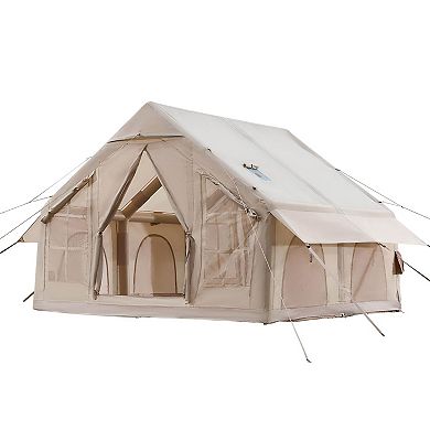 Inflatable Camping Tent for 46 People with Hand Pump, Stove Jack, and Air Beam Frame - Beige