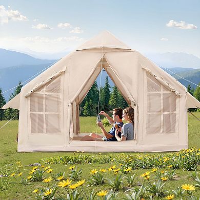 Inflatable Camping Tent for 46 People with Hand Pump, Stove Jack, and Air Beam Frame - Beige