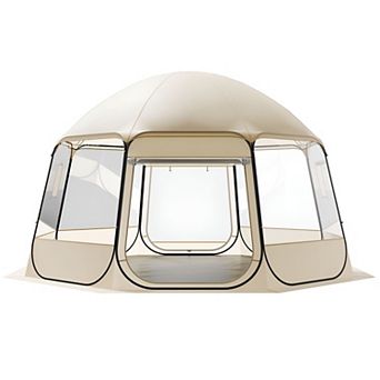 Outdoor Bubble Tent Pop Up Shelter with Clear Panels, Roll-Up Windows, and Carry Bag - Beige