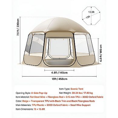 Outdoor Bubble Tent Pop Up Shelter with Clear Panels, Roll-Up Windows, and Carry Bag - Beige