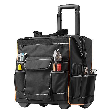 Portable Rolling Tool Bag 15.35 x 11.41 x 16.53 in with Aluminum Handle and 25 Storage Pockets Black