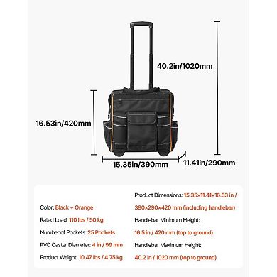 Portable Rolling Tool Bag 15.35 x 11.41 x 16.53 in with Aluminum Handle and 25 Storage Pockets Black