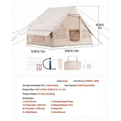 Inflatable Camping Tent for 35 People with Hand Pump, Air Beam Setup and Stove Jack - Beige
