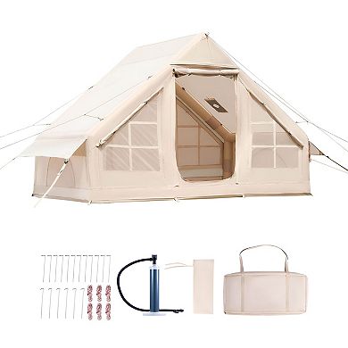 Inflatable Camping Tent for 35 People with Hand Pump, Air Beam Setup and Stove Jack - Beige