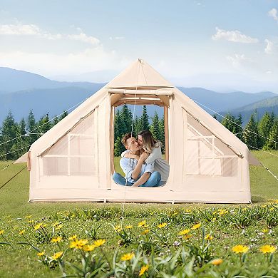 Inflatable Camping Tent for 35 People with Hand Pump, Air Beam Setup and Stove Jack - Beige