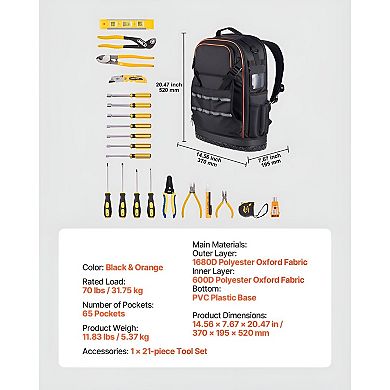 Multi-Pocket Tool Backpack 14.6 x 7.7 x 20.5 in Splash-Resistant for Worksite Use - Black