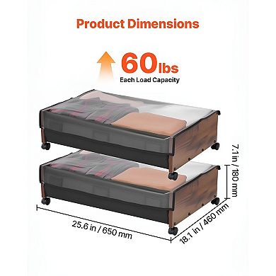 Under Bed Rolling Storage 2-Pack Clear Top Panel Stackable Units for Bedroom Organization Grey