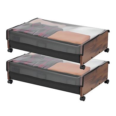 Under Bed Rolling Storage 2-Pack Clear Top Panel Stackable Units for Bedroom Organization Grey