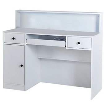 Reception Desk Counter White with LED Front Panel Power Outlets Storage Drawers and Cabinet