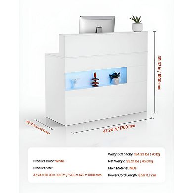 Reception Desk Counter White with LED Front Panel Power Outlets Storage Drawers and Cabinet