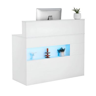 Reception Desk Counter White with LED Front Panel Power Outlets Storage Drawers and Cabinet