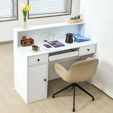 Reception Desk Counter White with LED Front Panel Power Outlets Storage Drawers and Cabinet