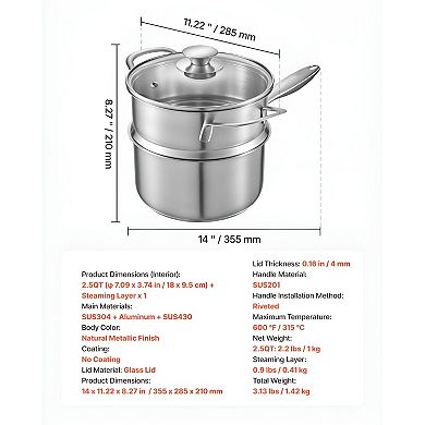 Stainless Steel Sauce Pan with Steamer Insert and Clear Glass Lid for Everyday Cooking - Silver