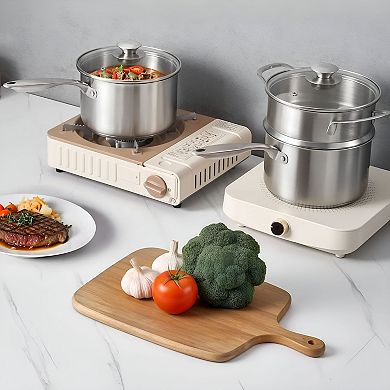 Stainless Steel Sauce Pan with Steamer Insert and Clear Glass Lid for Everyday Cooking - Silver