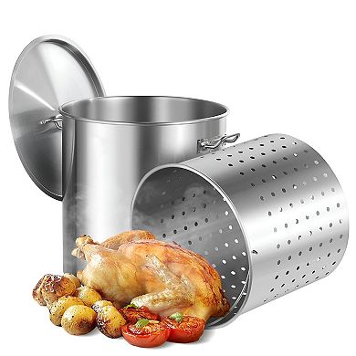 Large Capacity 84 Quart Stainless Steel Pot with Basket for Seafood Poultry and Gatherings - Silver