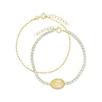PRIMROSE 14k Gold Flash Plated Cubic Zirconia Religious Medallion Tennis Bracelet Duo Set