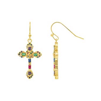 PRIMROSE 14k Gold Flash Plated Multi-Stone Cross Drop Earrings