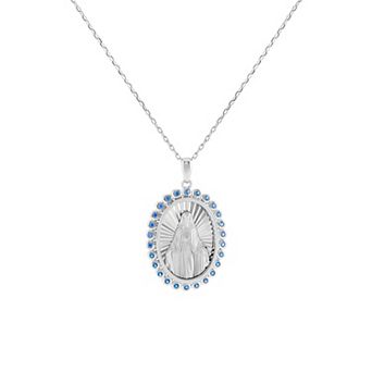 PRIMROSE Fine Silver-Plated Blue Spinel Religious Medallion Pendant Necklace