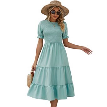 Women's Summer Dress Puff Short Sleeve Crew Neck Smocked Elastic Waist Tiered Midi Dress with Belt