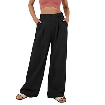Women Casual High Waisted Straight-Leg Cotton Wide Leg Pants Business Loose Pants With Pockets