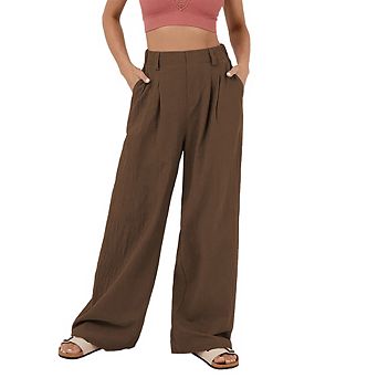 Women Casual High Waisted Straight-Leg Cotton Wide Leg Pants Business Loose Pants With Pockets
