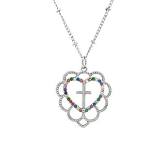 PRIMROSE Fine Silver-Plated Multi Gemstone Heart Cross Pendant Necklace