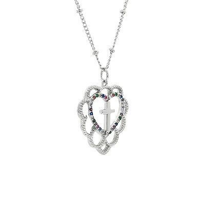 PRIMROSE Fine Silver-Plated Multi Gemstone Heart Cross Pendant Necklace