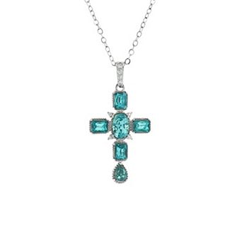 PRIMROSE Fine Silver-Plated Multi Gemstone Cross Pendant Necklace