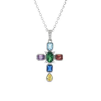 PRIMROSE Fine Silver-Plated Multi Gemstone Cross Pendant Necklace