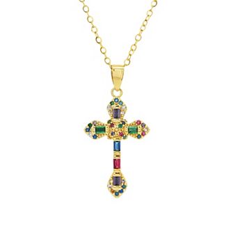 PRIMROSE 14k Gold Flash Plated Multi Gemstone Cross Pendant Necklace