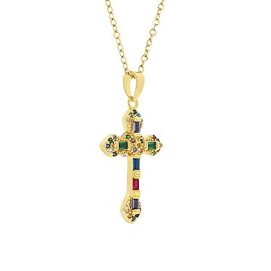 PRIMROSE 14k Gold Flash Plated Multi Gemstone Cross Pendant Necklace