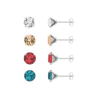PRIMROSE Fine Silver-Plated Multi-Color Crystal Stud 4 pc Earrings Set