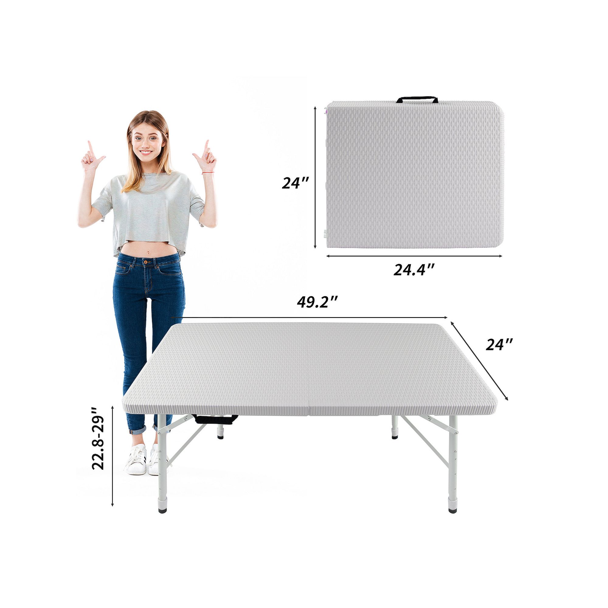 Gray rattan folding table with dimensions shown