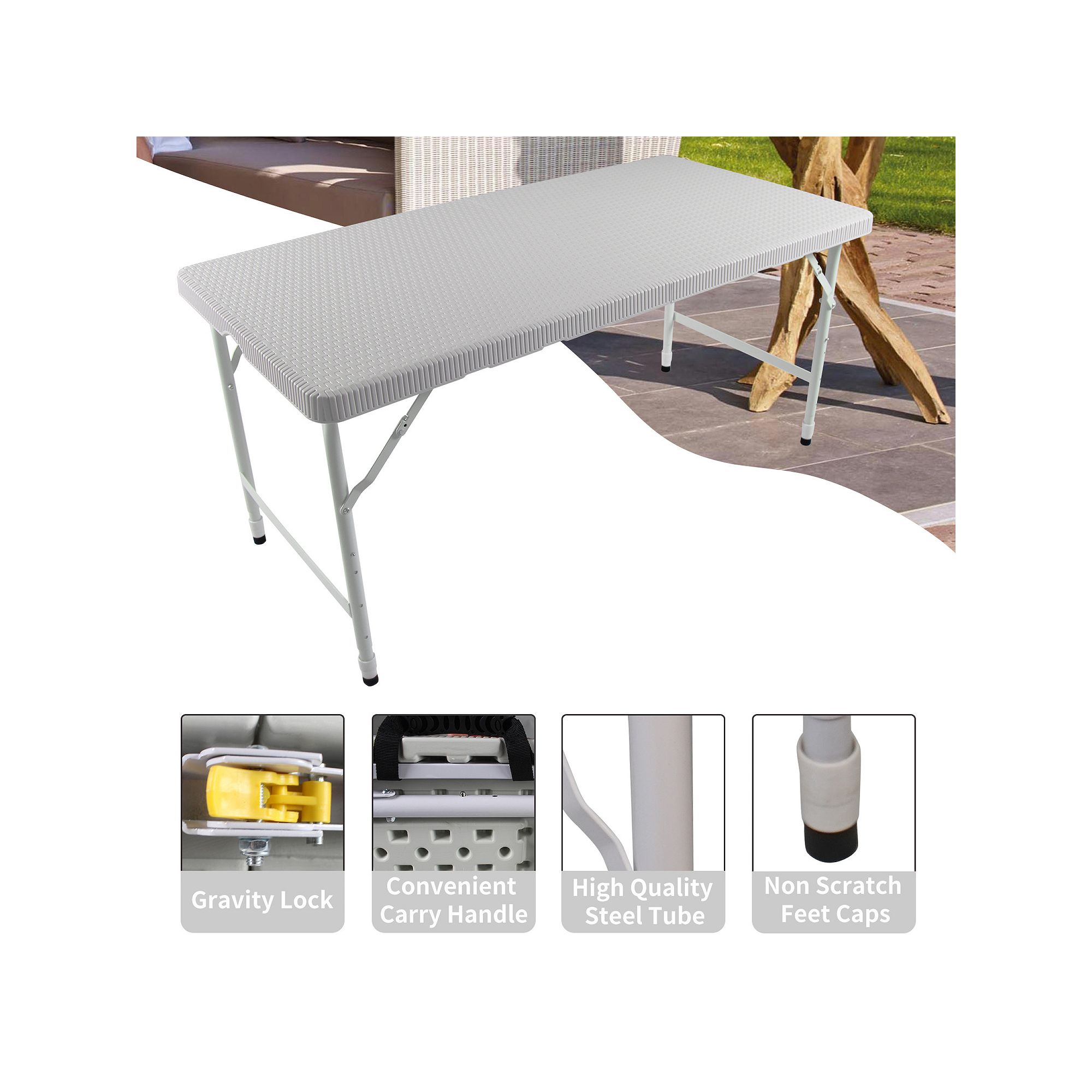 Gray rattan folding table with feature icons
