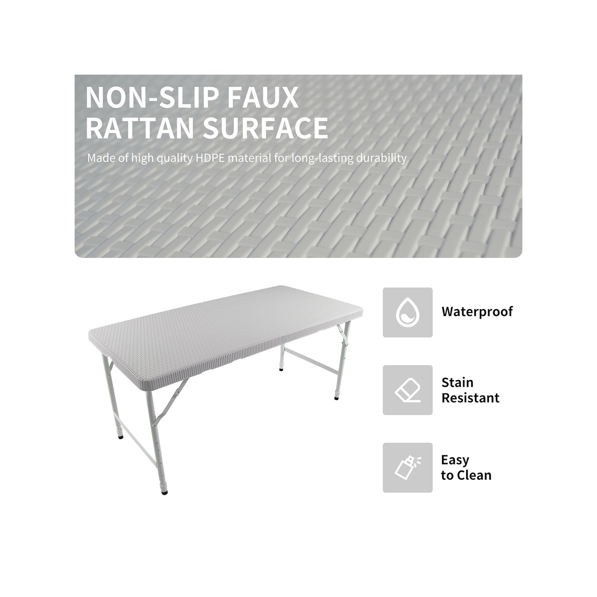 Non-slip faux rattan folding table with waterproof and stain-resistant features