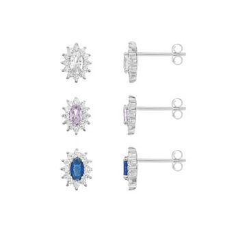 PRIMROSE Fine Silver-Plated Cubic Zirconia Oval Stud 3 pc Earrings Set