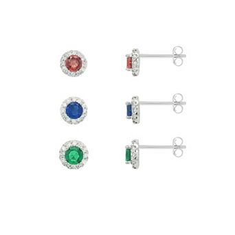 PRIMROSE Fine Silver-Plated Cubic Zirconia & Nano Stone Round Stud 3 pc Earrings Set