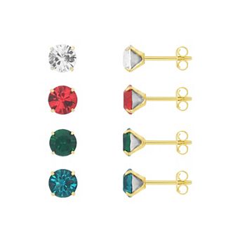 PRIMROSE 14k Gold Flash Plated Multi-Color Crystal Stud 4 pc Earrings Set