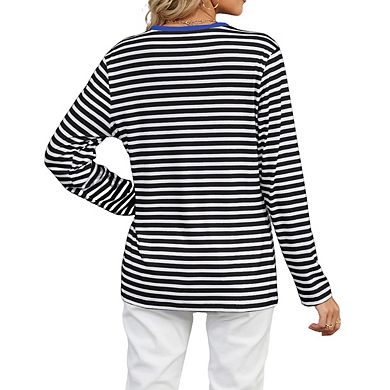 Women's Long Sleeve Top Henley Neck Striped Button Relaxed Fit Casual Tops