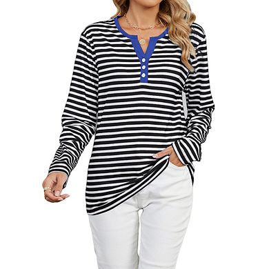 Women's Long Sleeve Top Henley Neck Striped Button Relaxed Fit Casual Tops