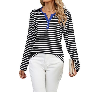 Women's Long Sleeve Top Henley Neck Striped Button Relaxed Fit Casual Tops